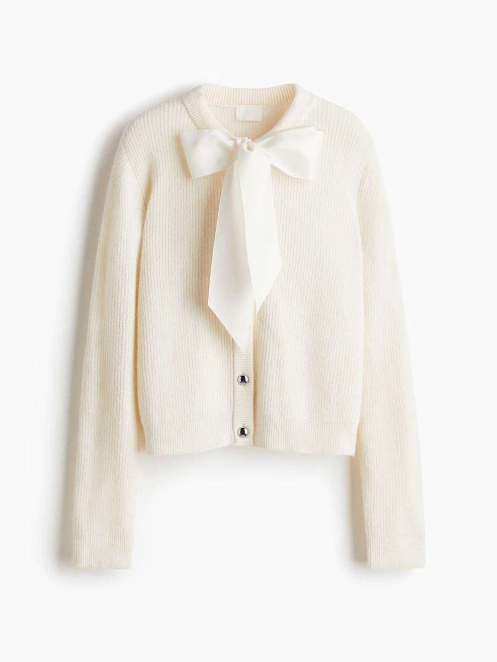 H&M Women's Solid Knit Crew Neck Cardigan Sweater Ivory Bow Button Lightweight - Picture 5 of 8